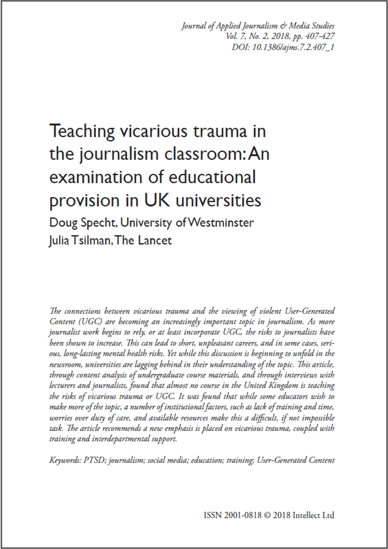 Teaching vicarious trauma in the journalism classroom: an examination of educational provision in UK Universities