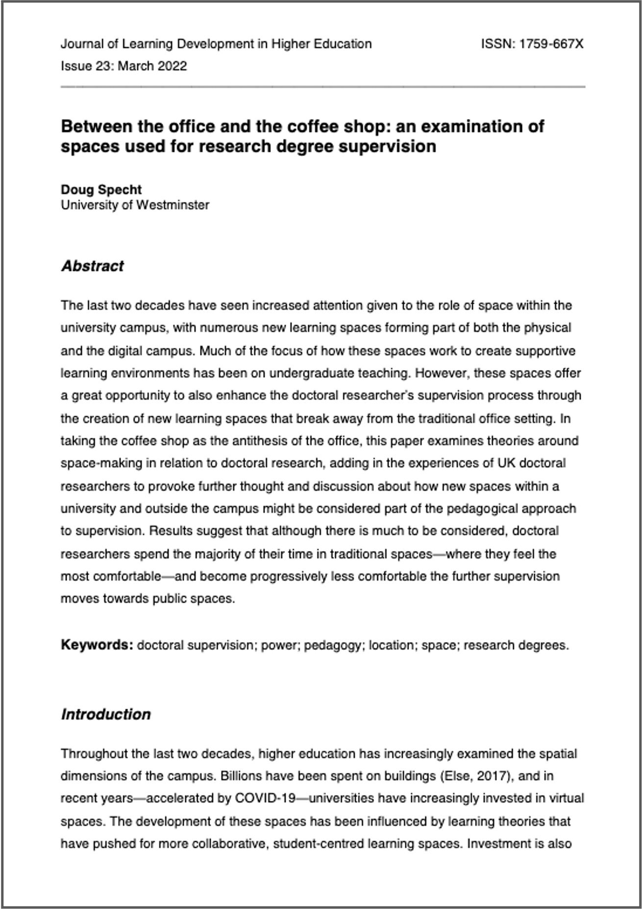Between the Office and the Coffee Shop: A examination of spaces used for research degree supervision