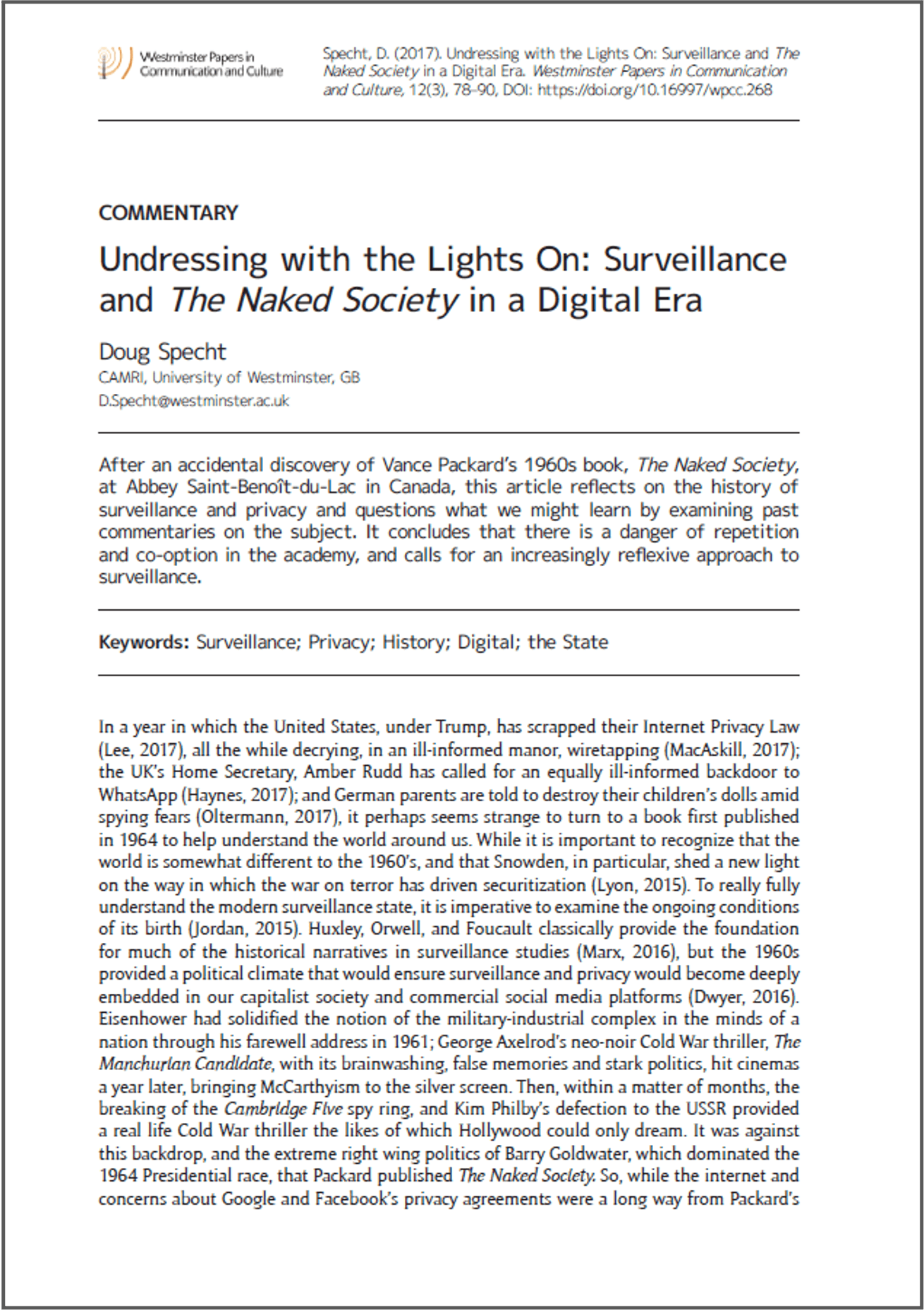 Undressing with the Lights On: Surveillance and The Naked Society in a Digital Era